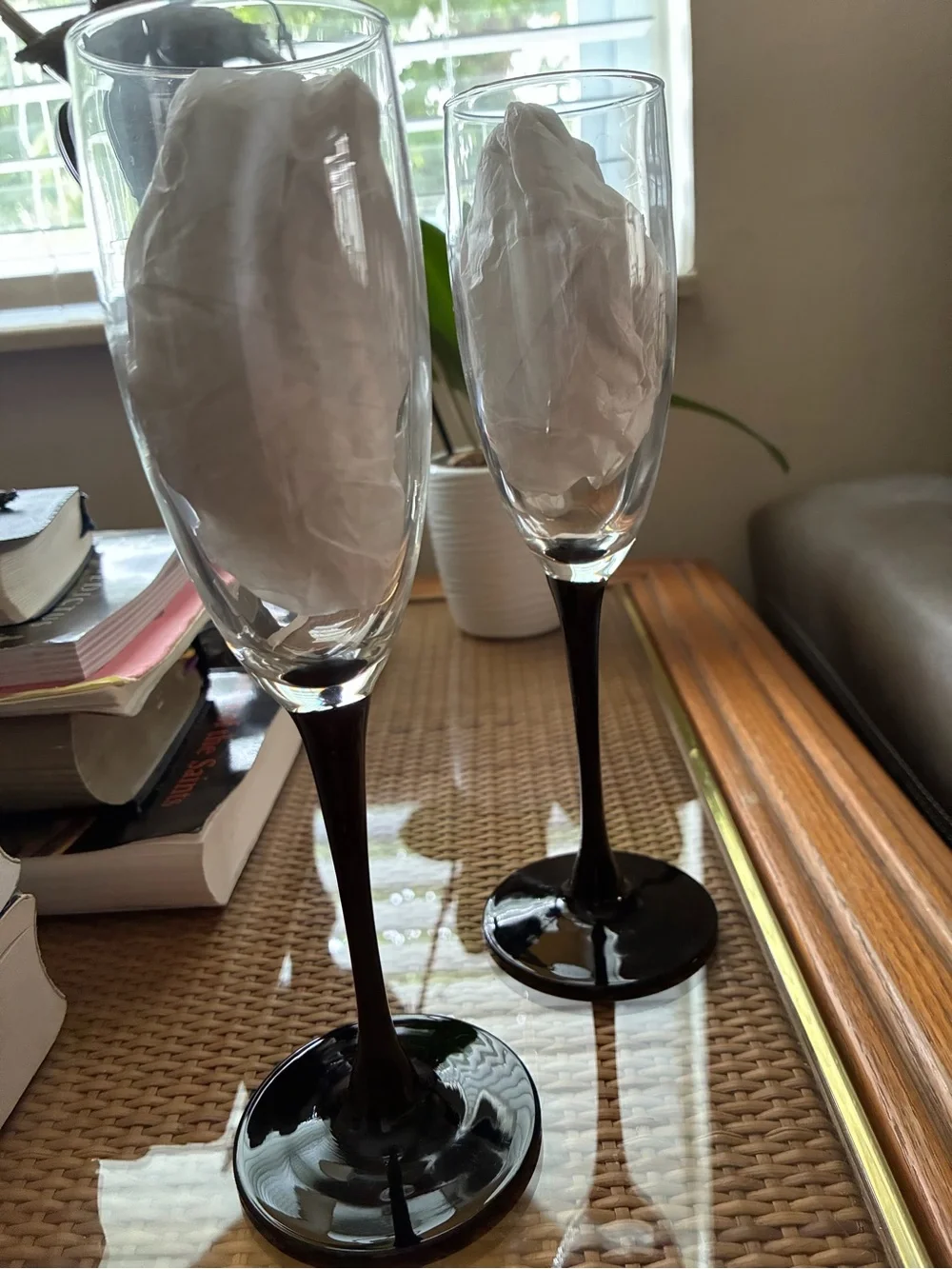 Elegant Black Glass Stem Champagne Flutes - Set of 2